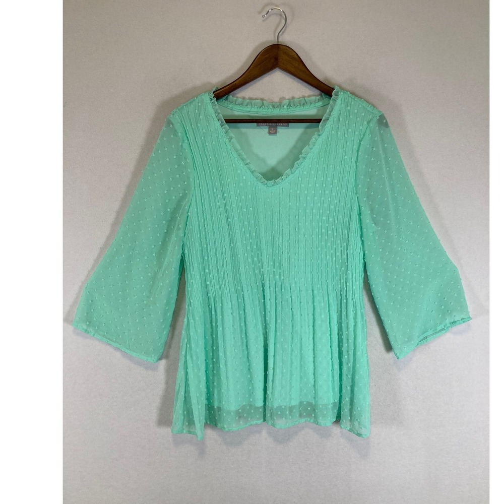 Romantic Valerie Stevens Womens Large Mint Green Swiss Dot Pleated Ruffle Blouse